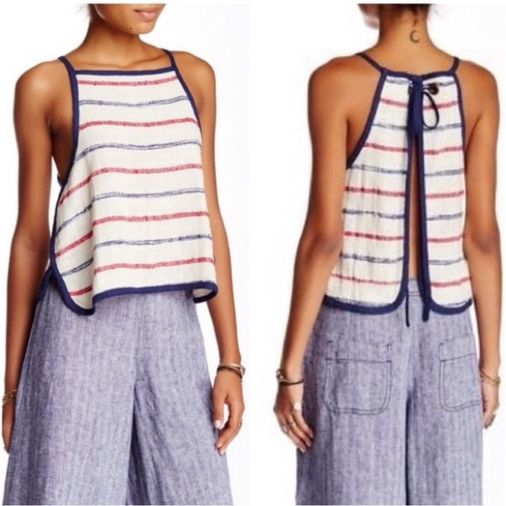Free People White with Blue and Red Striped Tank Top with Open Back - Size Small